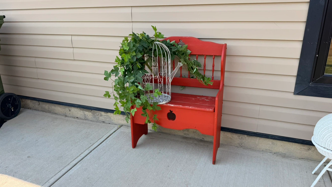Red Wooden Bench with Storage and Apple Cutouts - photo 2