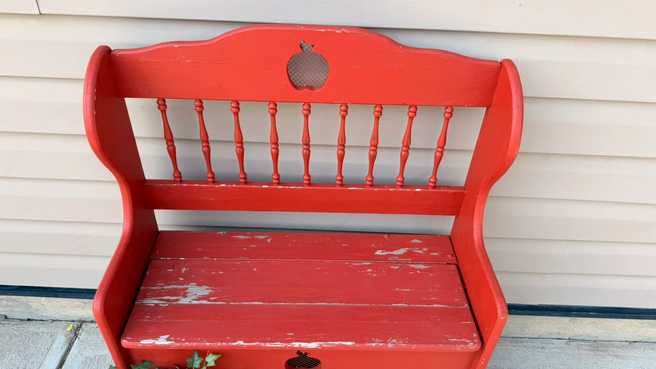 Red Wooden Bench with Storage and Apple Cutouts - photo 3