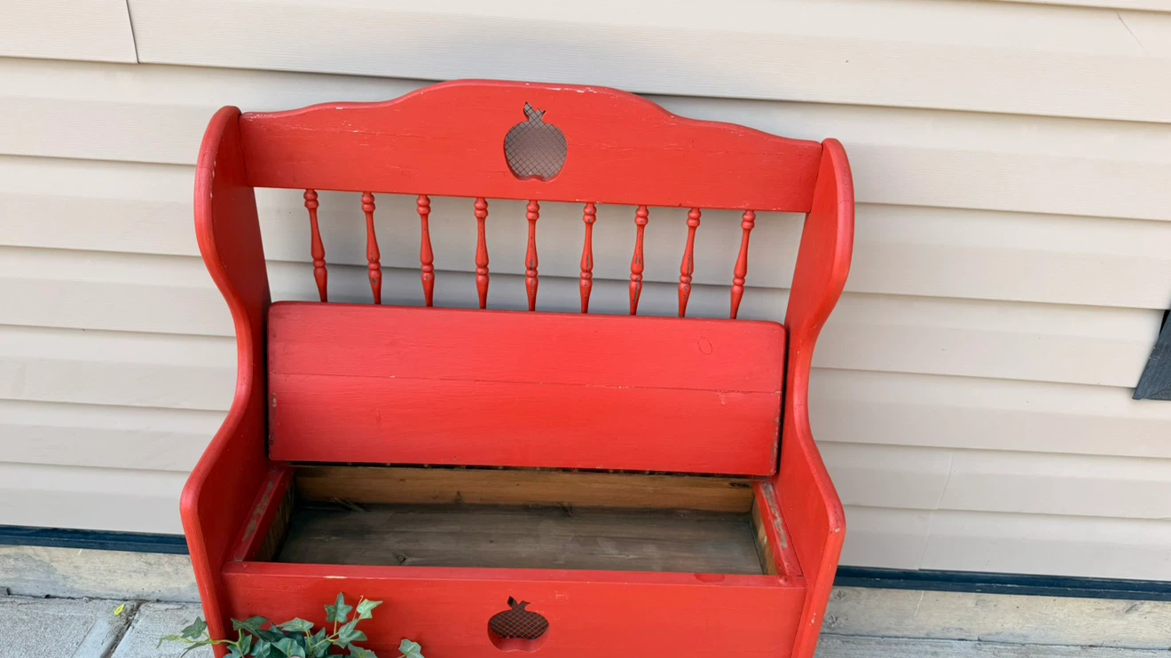 Red Wooden Bench with Storage and Apple Cutouts - photo 4