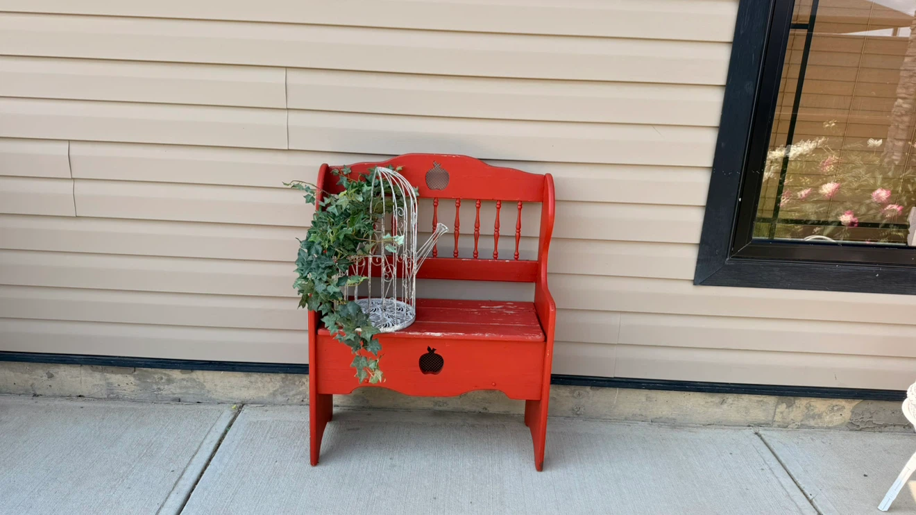 Red Wooden Bench with Storage and Apple Cutouts - photo 5