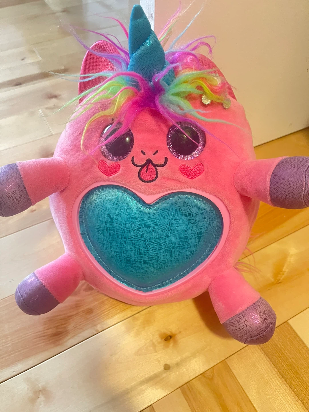 Plush Pink Unicorn Toy with Rainbow Hair and Heart Belly