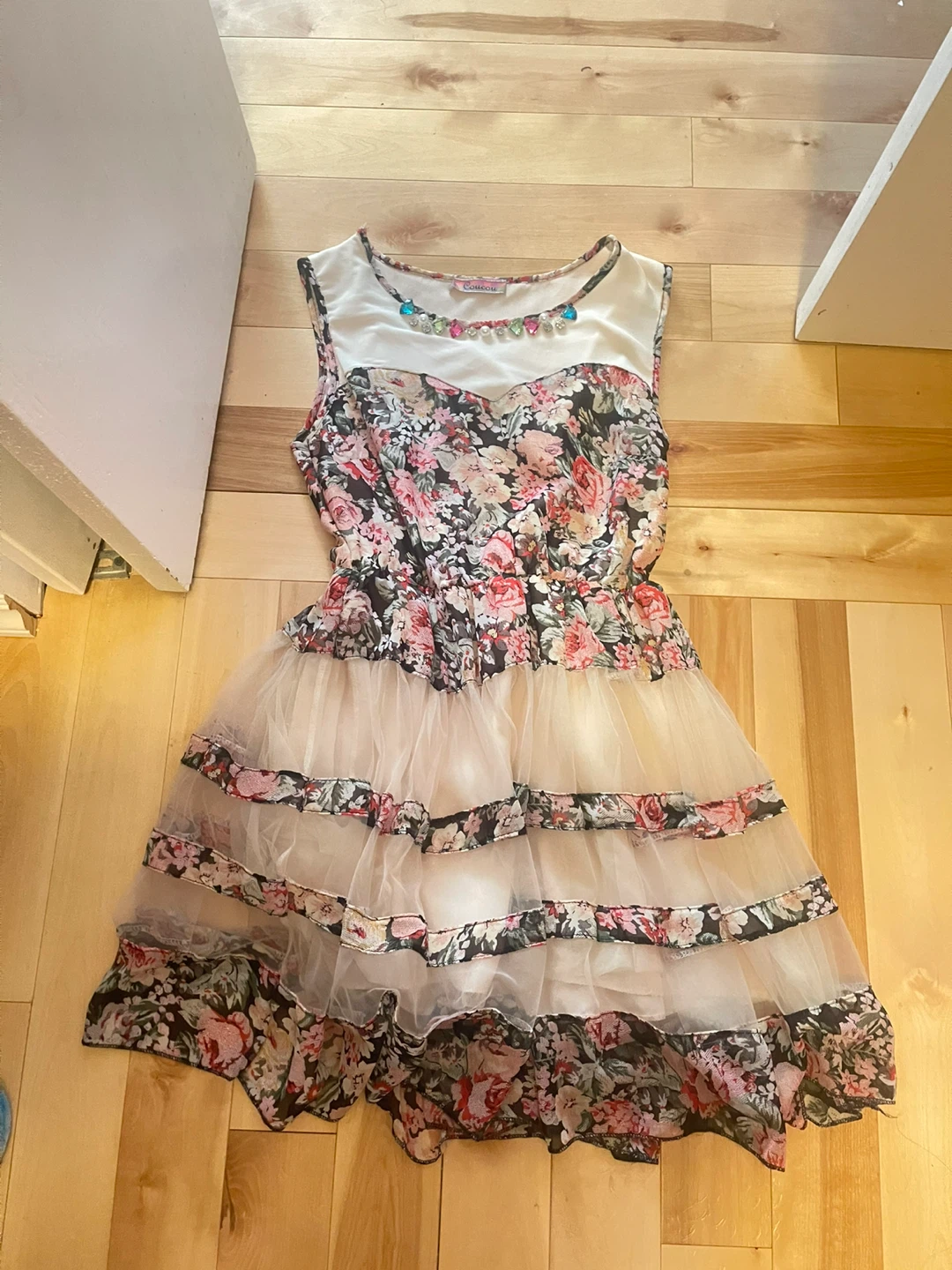 Coucou Floral Tulle Dress with Rhinestone Collar