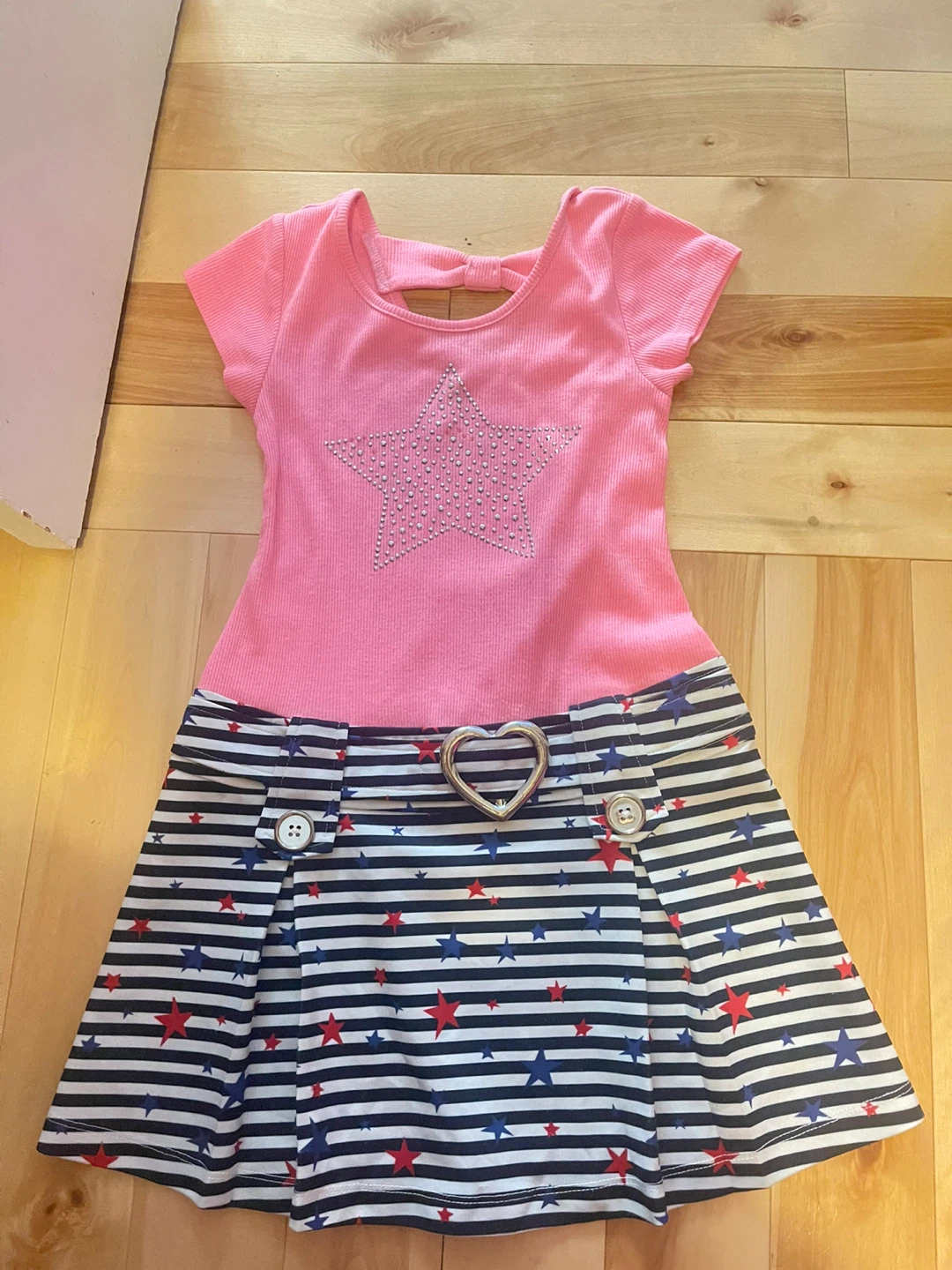 Pink Star T-shirt Dress with Striped Skirt