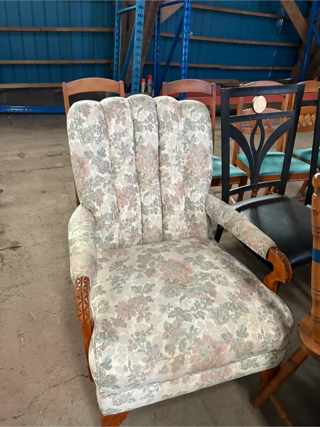 Floral Accent Chair with Wooden Arms