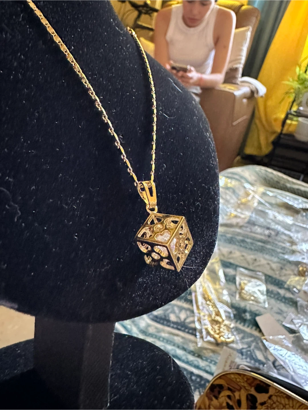 14k Gold laminated Cubic Dice Pendant Necklace - photo 3