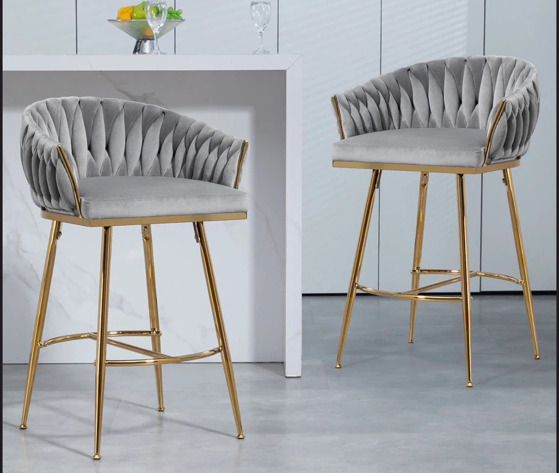 Grey Velvet Bar Stools with Gold Legs - Set of 2 (New)