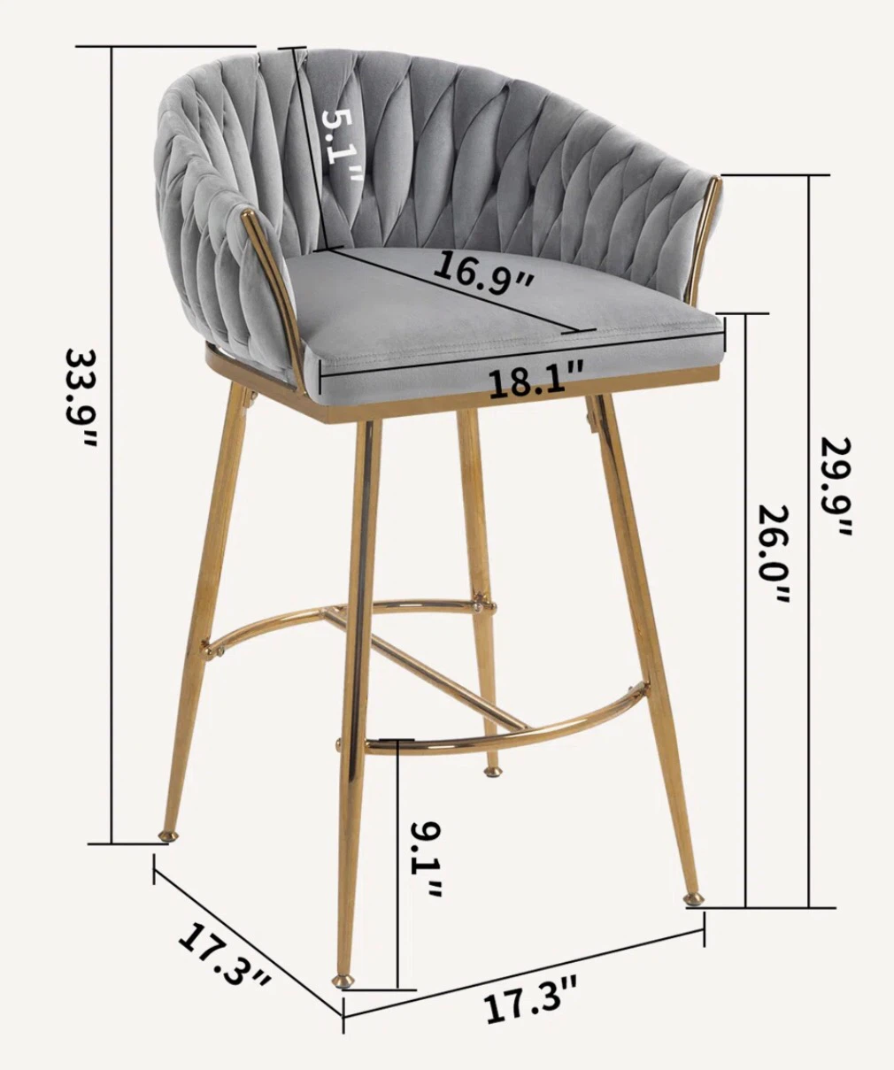 Grey Velvet Bar Stools with Gold Legs - Set of 2 (New) - photo 2
