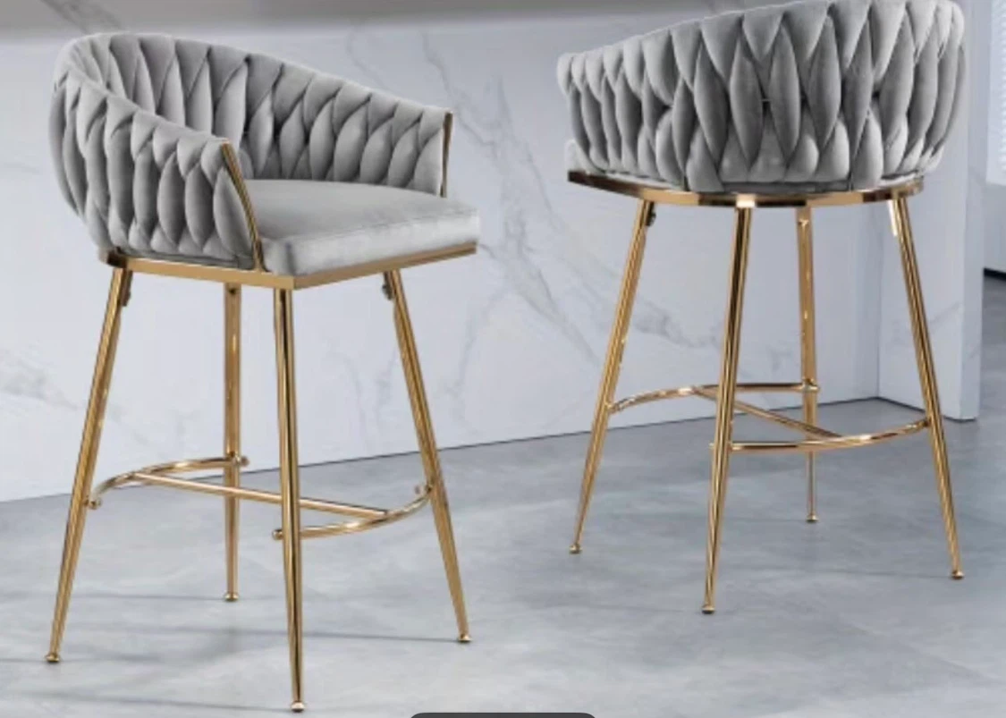 Grey Velvet Bar Stools with Gold Legs - Set of 2 (New) - photo 3