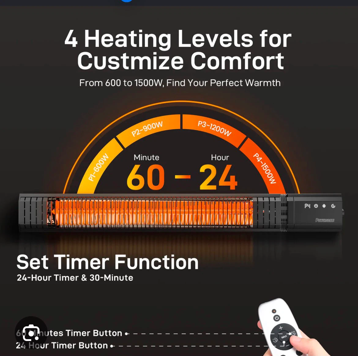 Powerwell Wall Mounted Infrared Heater with Remote - photo 3