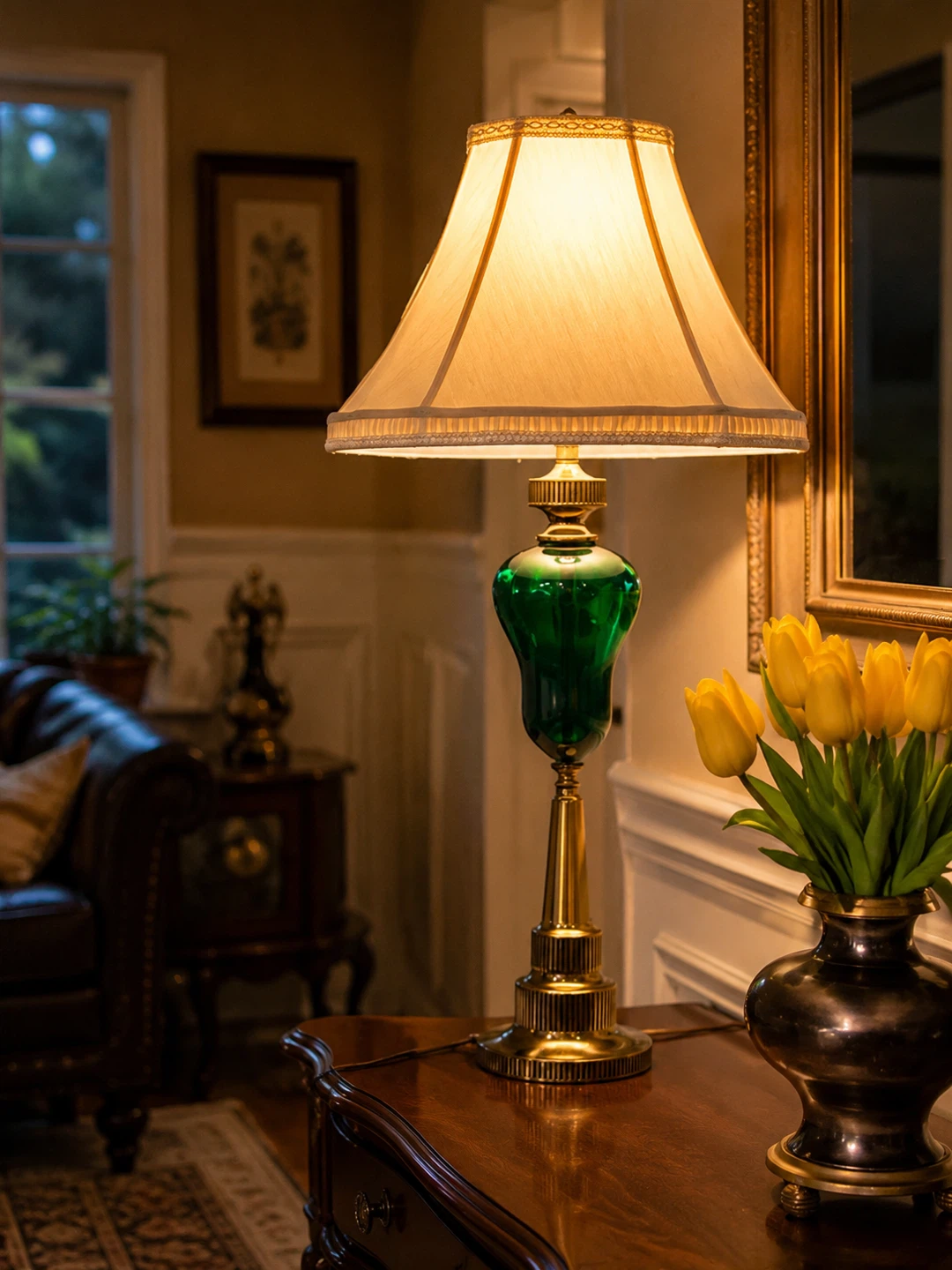 Green Glass and Brass Table Lamp