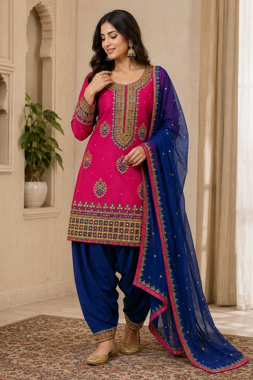 Pink Embroidered Punjabi Suit with Blue Dupatta