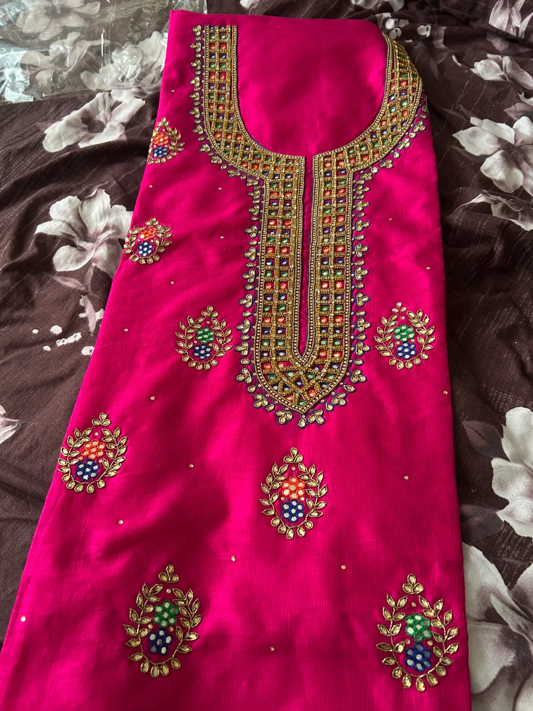 Pink Embroidered Punjabi Suit with Blue Dupatta - photo 2