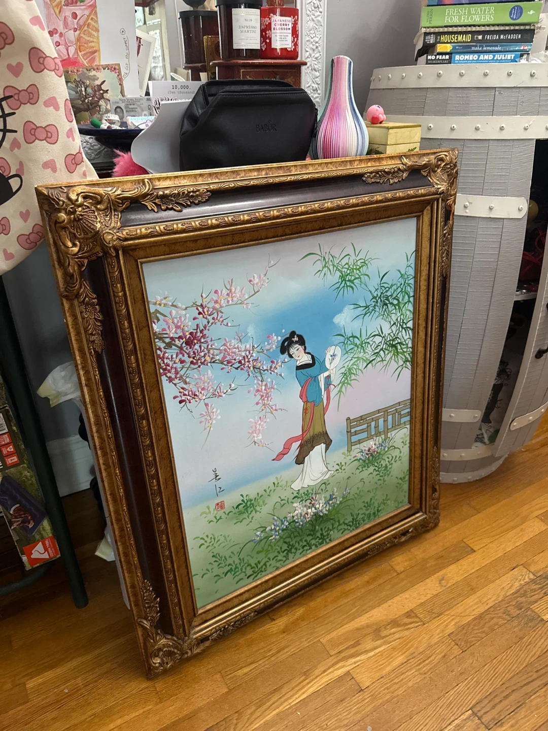 Framed Asian Art Painting of a Woman with Fan