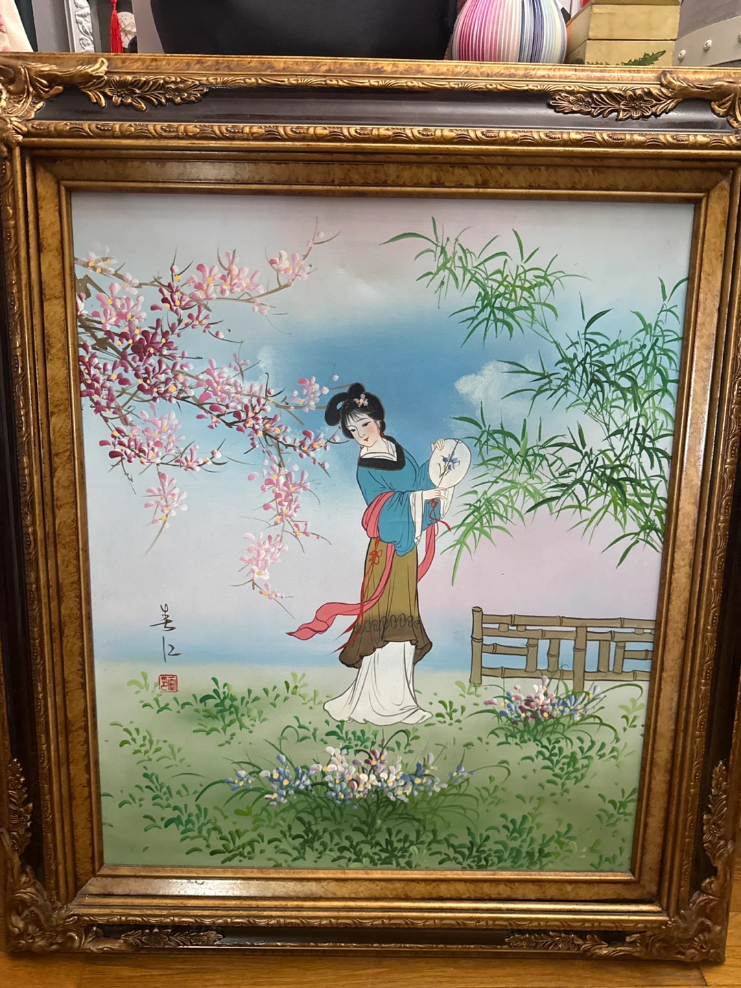 Framed Asian Art Painting of a Woman with Fan - photo 3