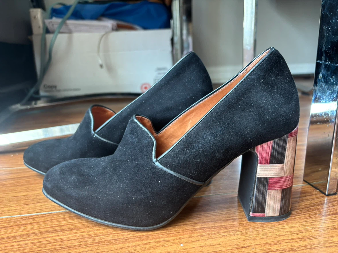 Gold Button Black Suede Heels