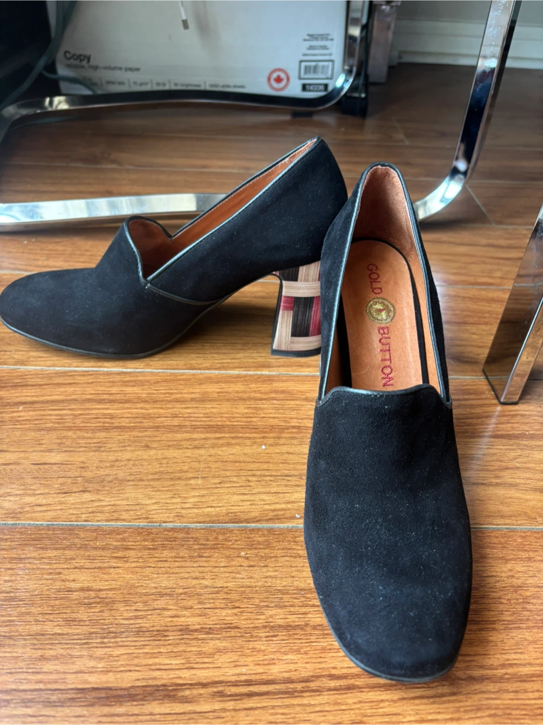 Gold Button Black Suede Heels - photo 2