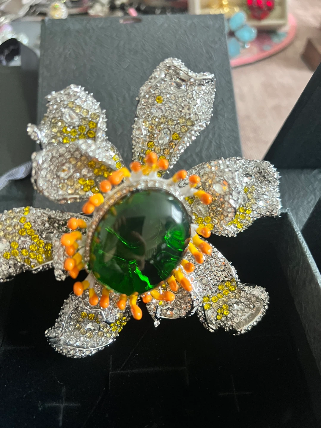 Flower Brooch with Rhinestones and Green Stone