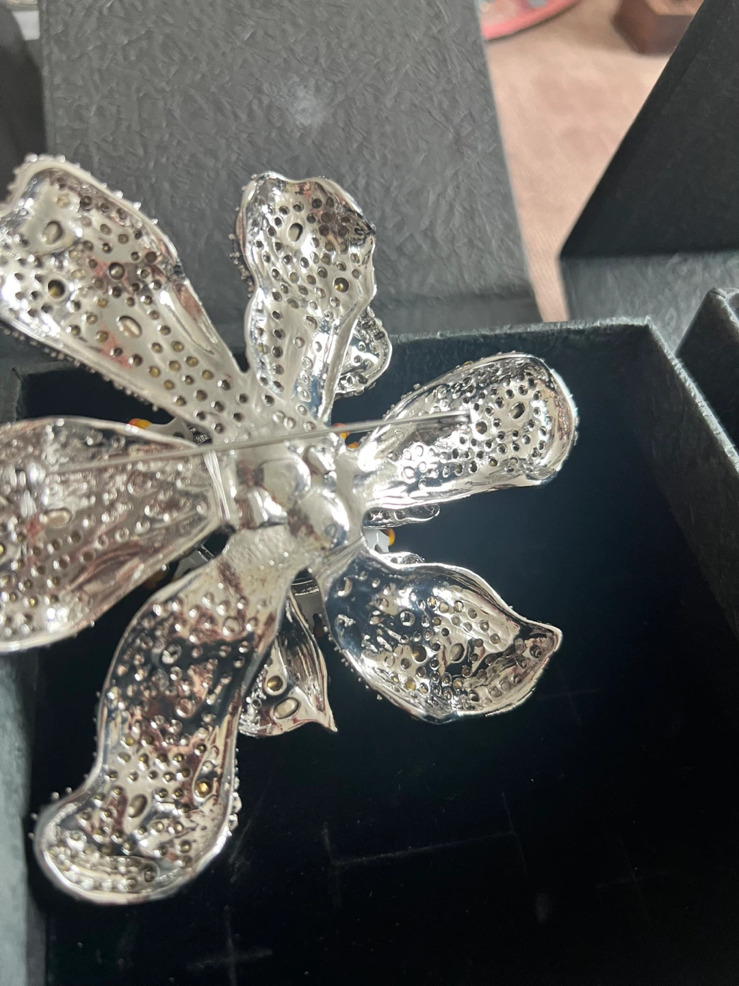 Flower Brooch with Rhinestones and Green Stone - photo 2