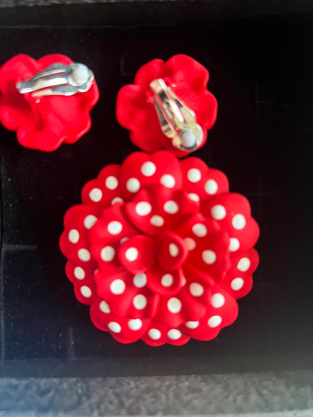 Red and White Polka Dot Brooch and Earring Set
