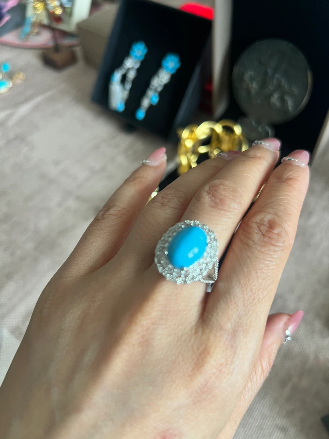 Turquoise and Diamond Flower Dangle Earrings and Ring Set
