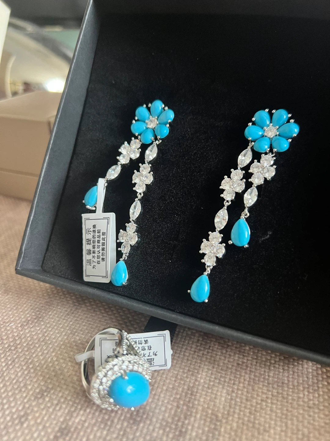 Turquoise and Diamond Flower Dangle Earrings and Ring Set - photo 2