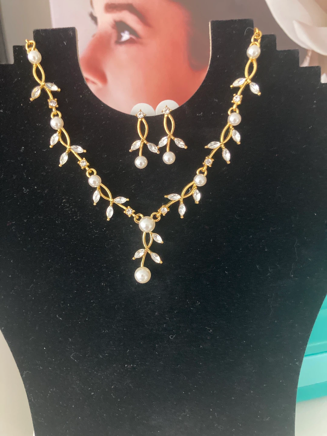 Gold-tone Pearl and Crystal Leaf Necklace and Earring Set