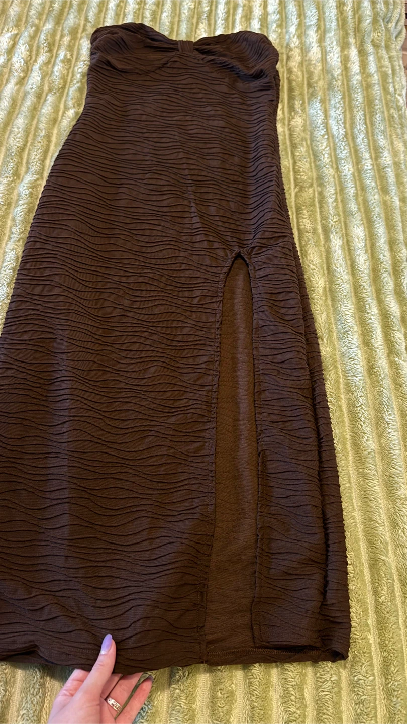 Brown Strapless Maxi Dress with Slit - photo 3