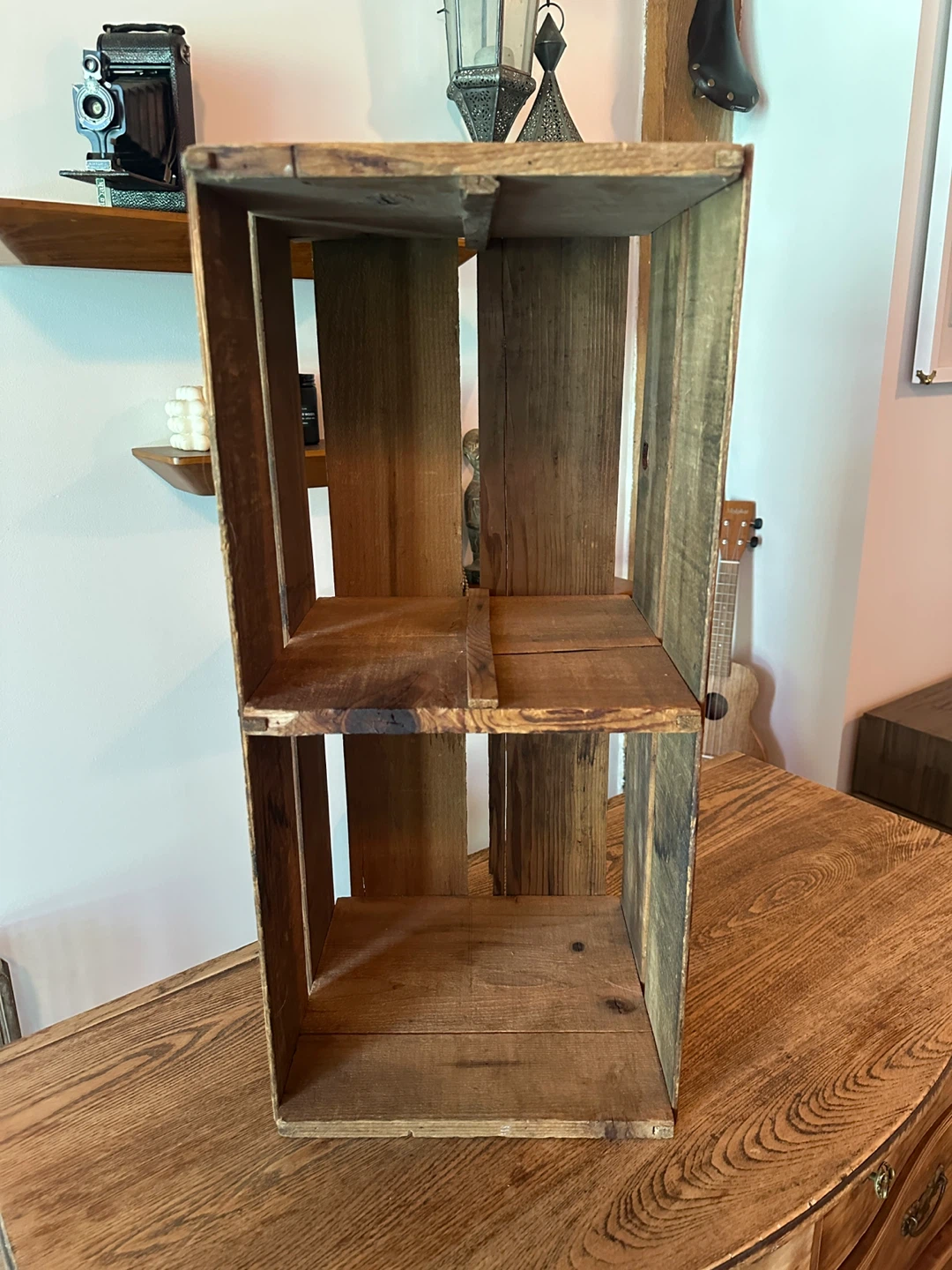 VINTAGE WOOD CRATE W SHELF ANTIQUE STORAGE DISPLAY BOX