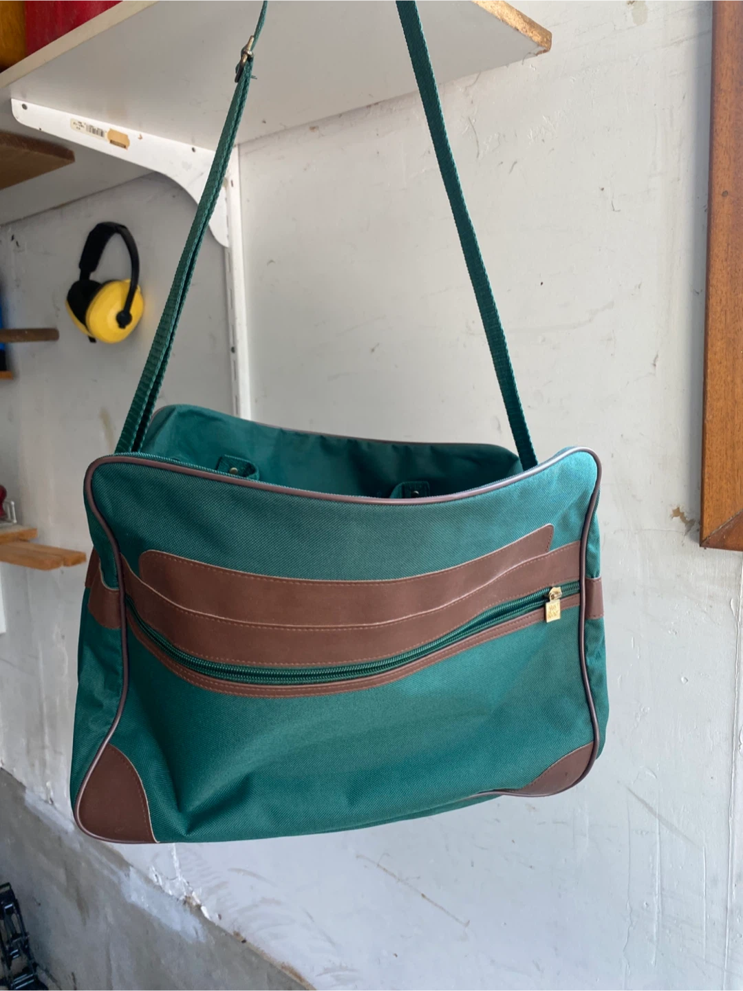Vintage Green Duffle Bag with Brown Accents