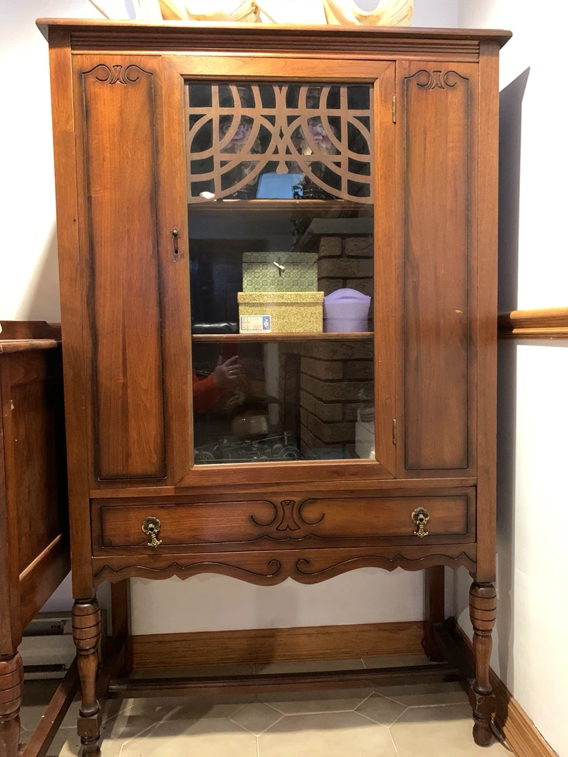 Vintage Wood Display Cabinet with Glass Door