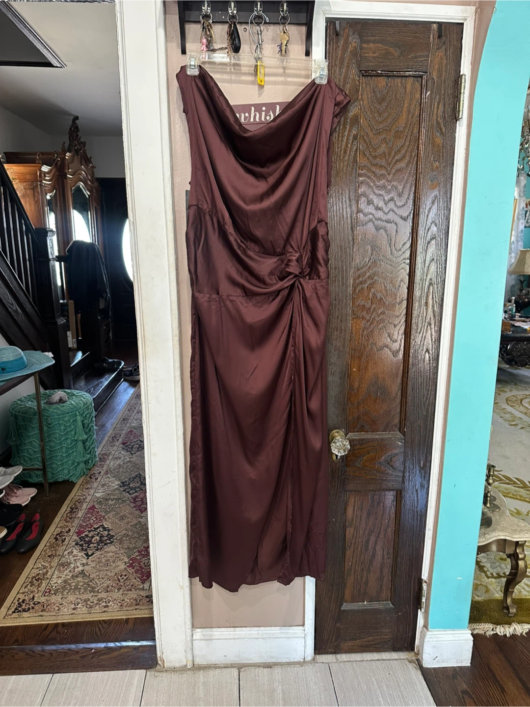 Plumb Brown Satin Cowl-Neck Midi Dress with Side Knot Detail