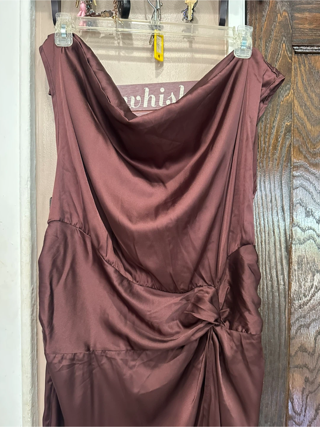 Plumb Brown Satin Cowl-Neck Midi Dress with Side Knot Detail - photo 2