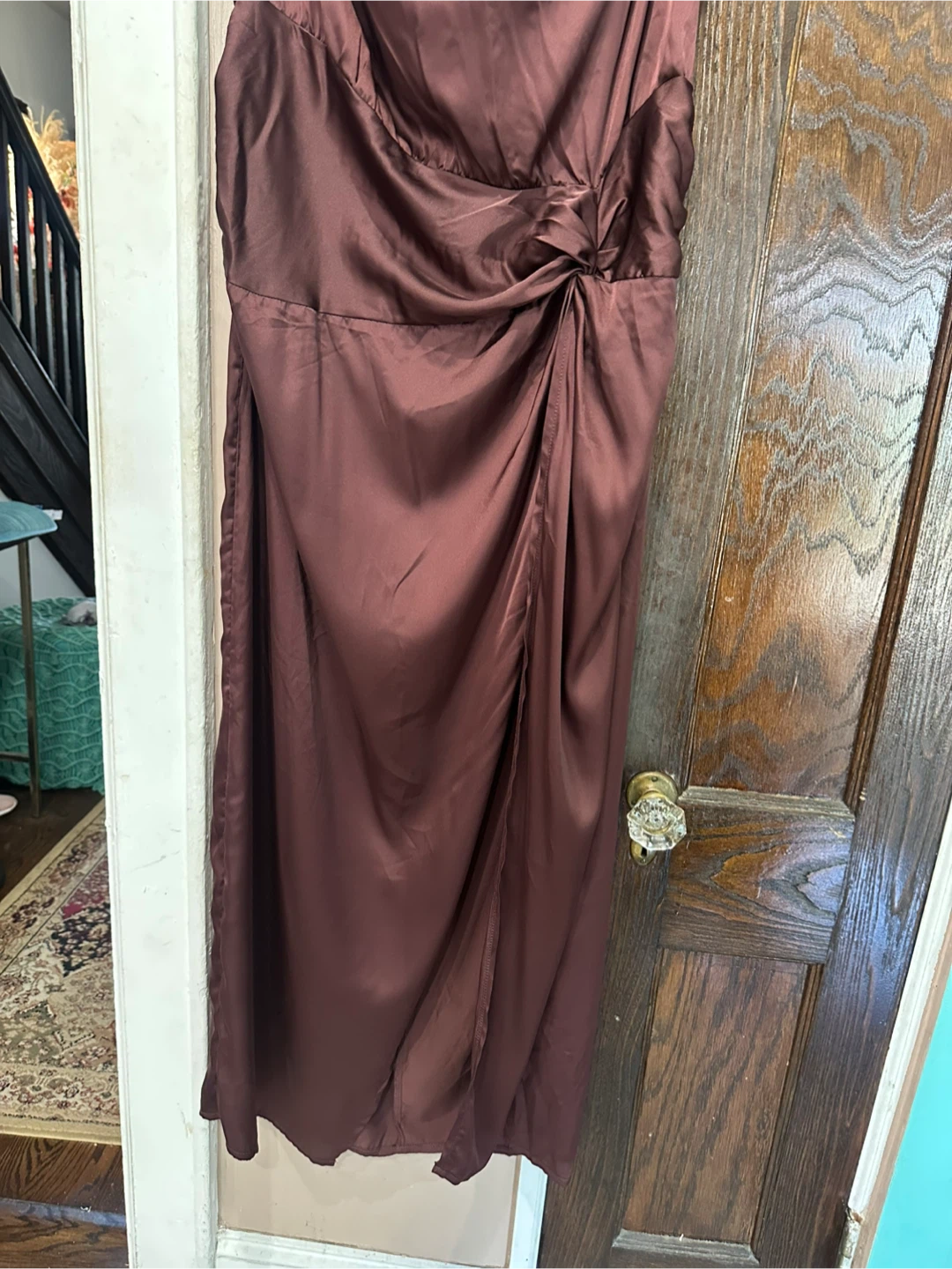 Plumb Brown Satin Cowl-Neck Midi Dress with Side Knot Detail - photo 3