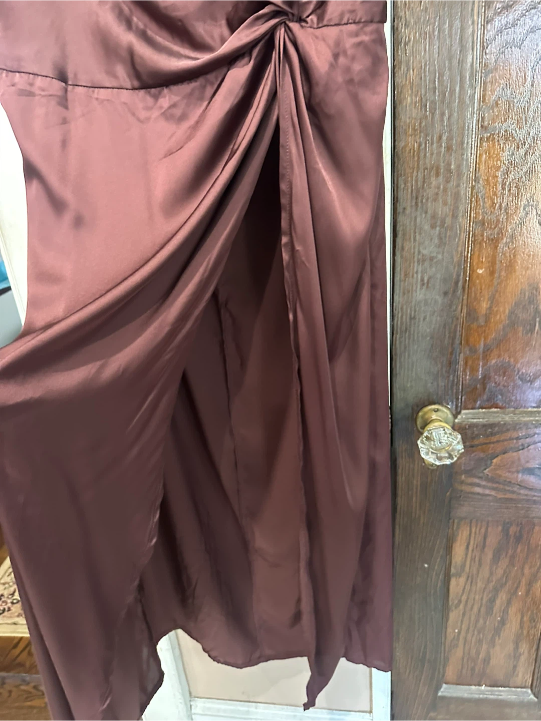 Plumb Brown Satin Cowl-Neck Midi Dress with Side Knot Detail - photo 4