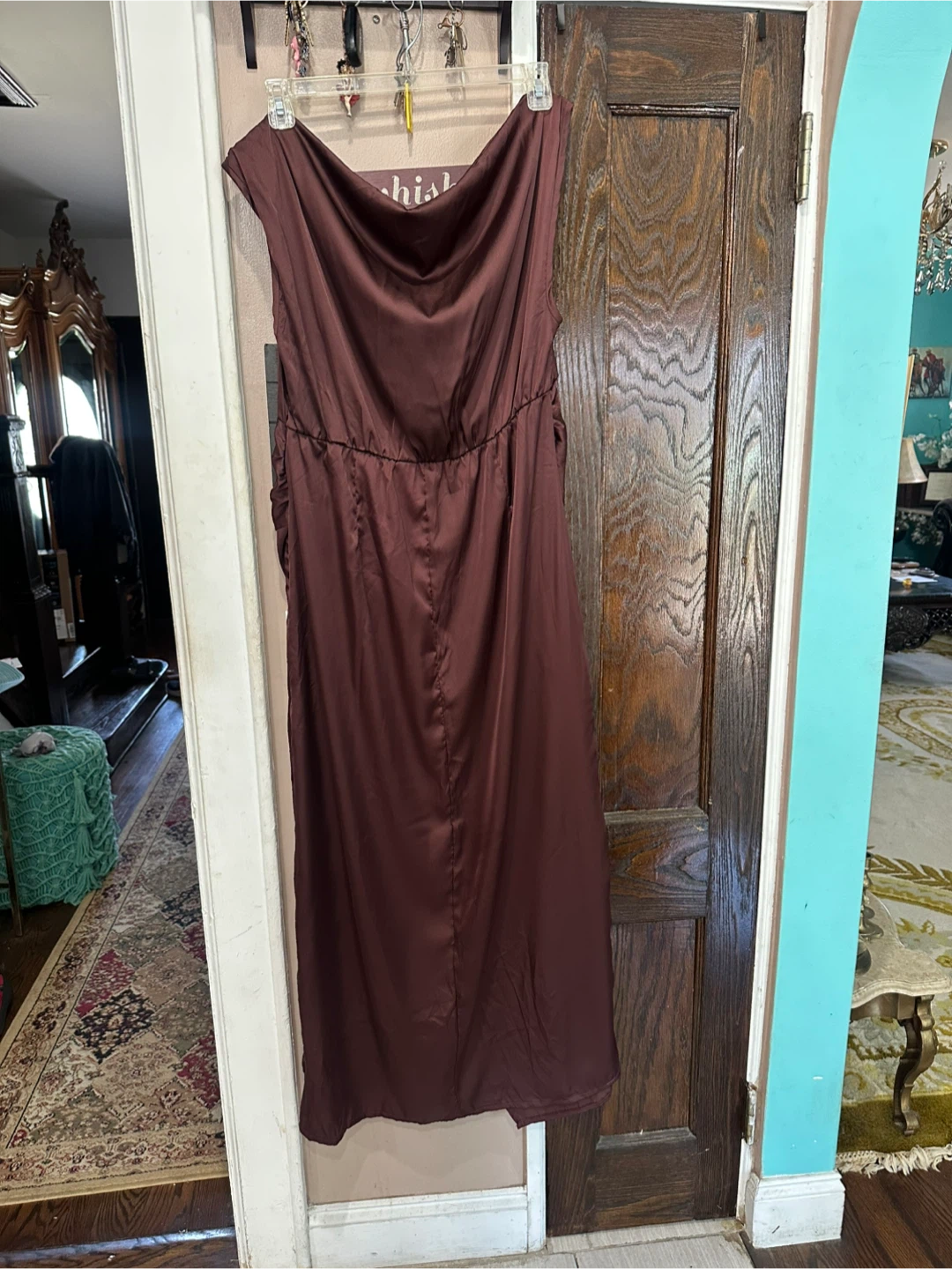 Plumb Brown Satin Cowl-Neck Midi Dress with Side Knot Detail - photo 5