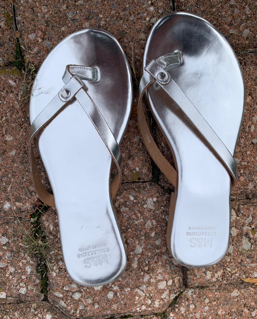 Silver Leather Upper Flip Flops