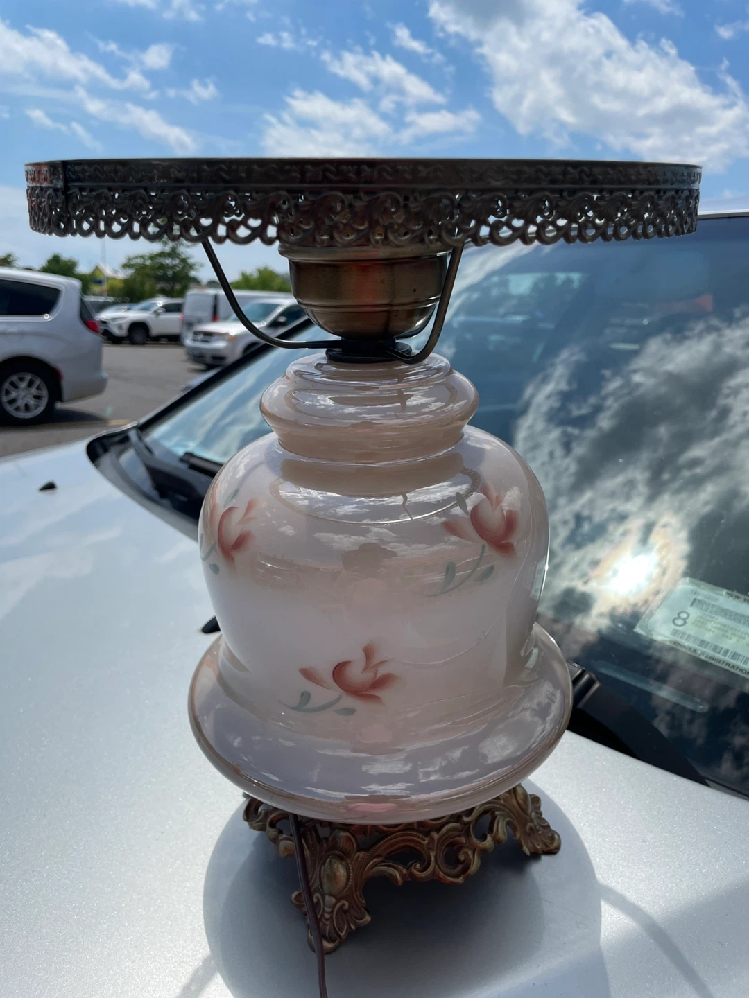 Vintage Pink Floral Glass Table Lamp