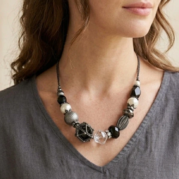 Tabi Mixed Media Beaded Statement Necklace Monochrome Textured