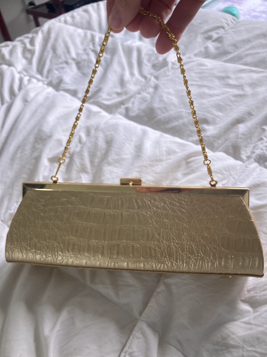 Gold Croc-Embossed Clutch with Chain