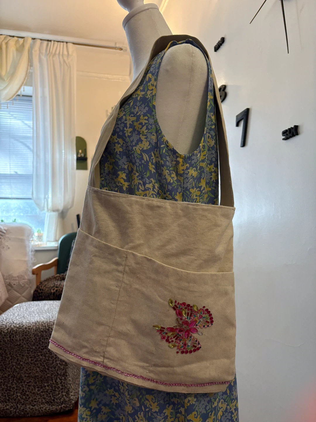 Handmade Beige Canvas Shoulder Bag with Butterfly Embellishment