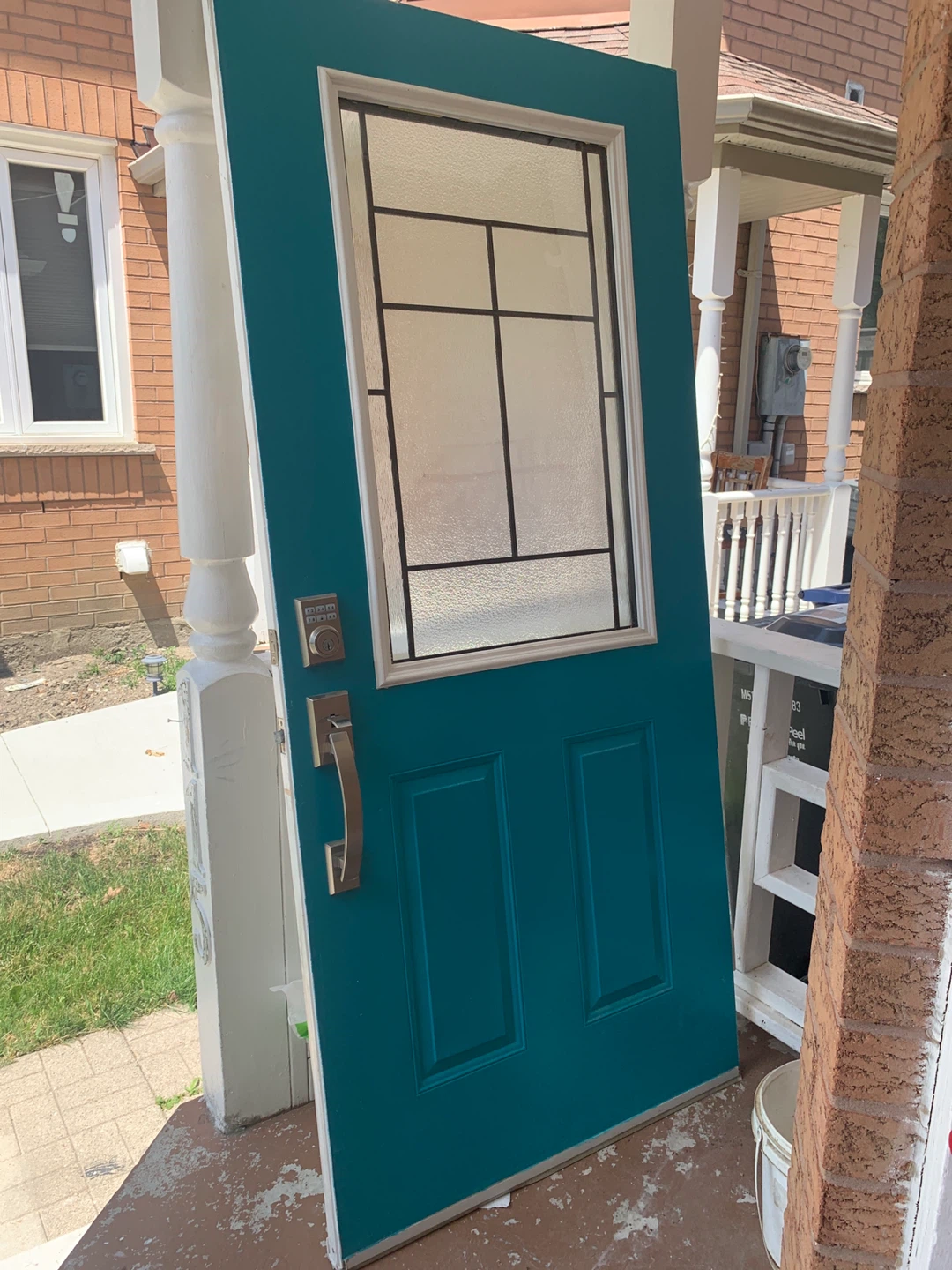 Teal Entry Door with Frosted Glass Panel