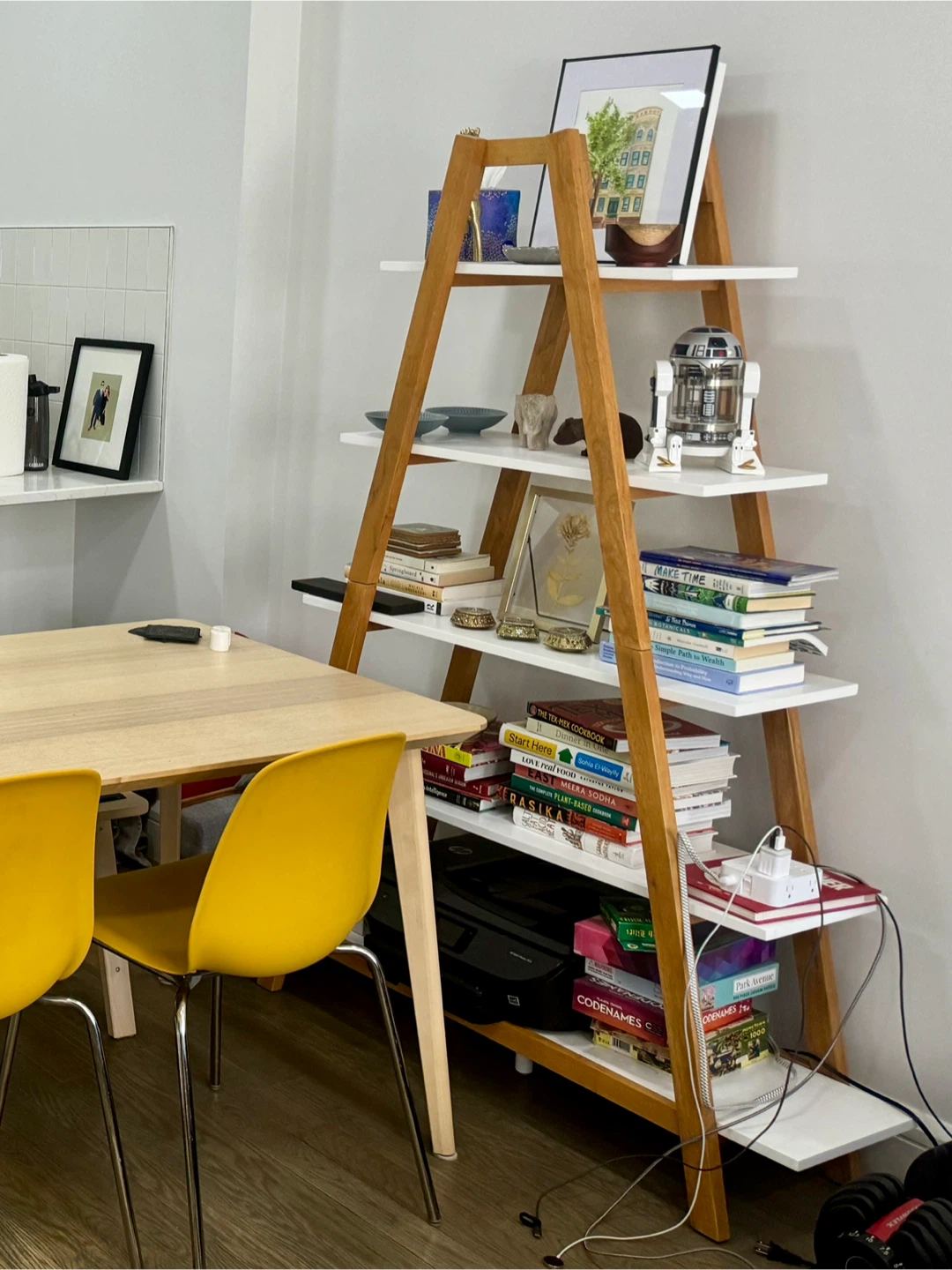 Ladder Bookshelf with White Shelves