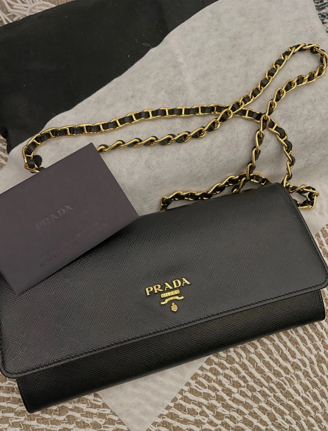 Prada Black Saffiano Leather Chain Wallet