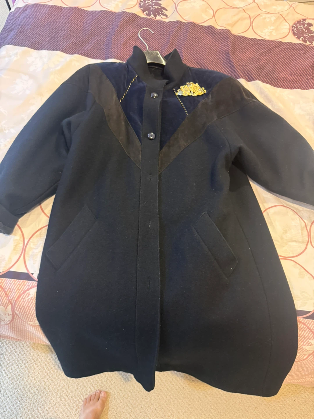 Women's Black & Blue Coat with Gold Brooch