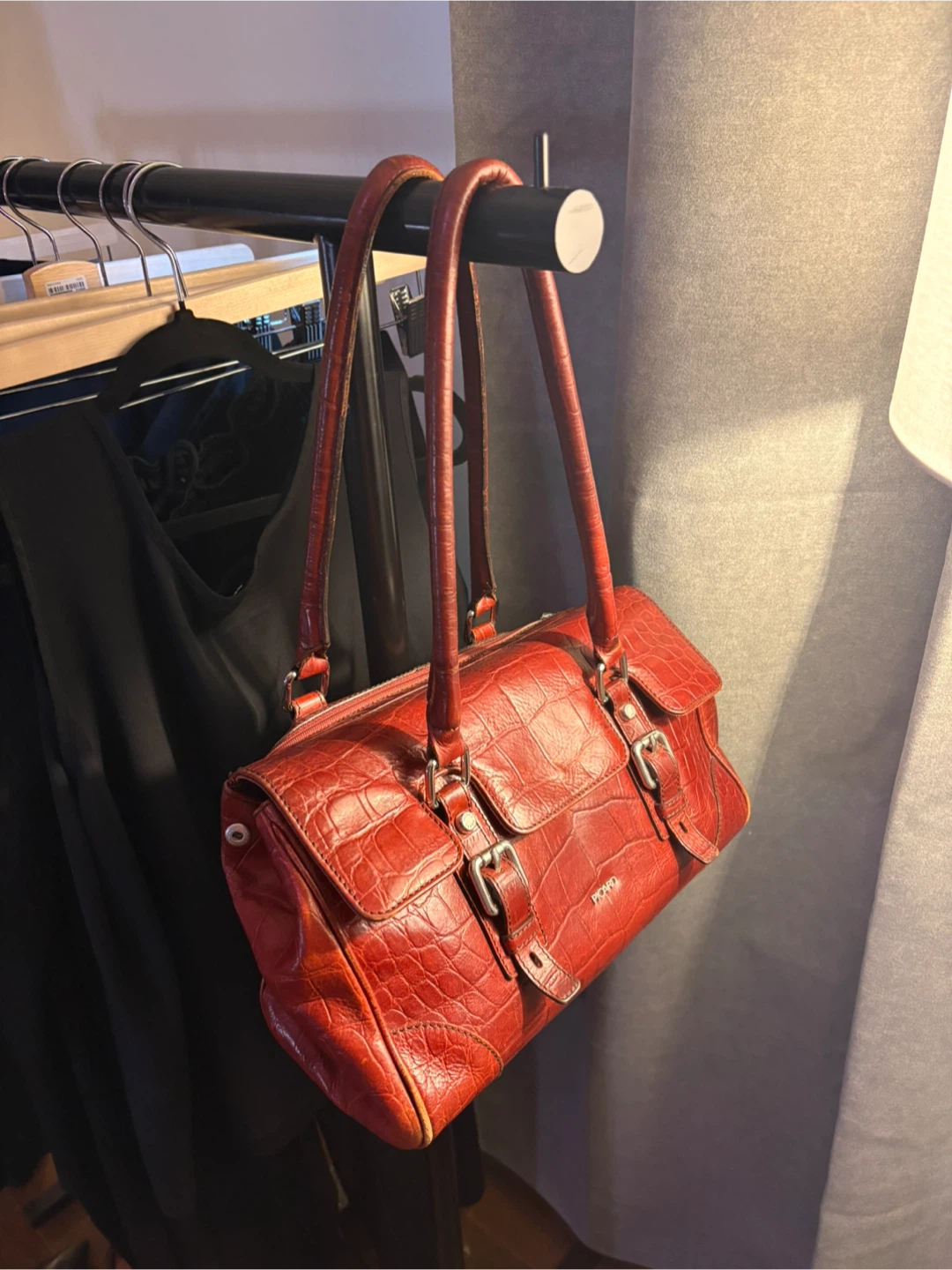 Red Croc-Embossed Shoulder Bag