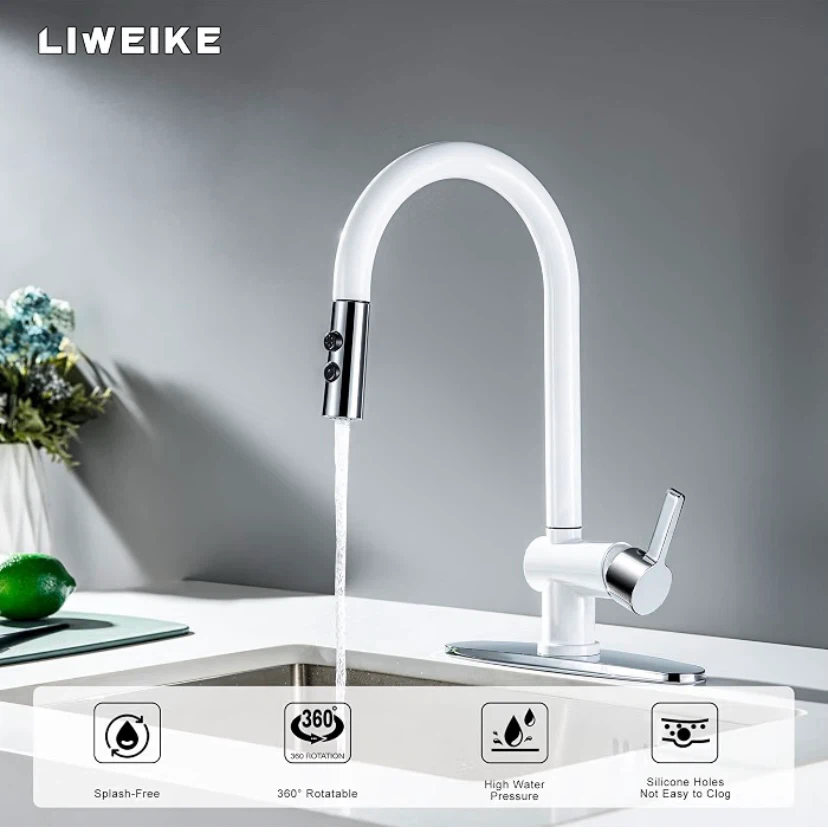 New LIWEIKE White Kitchen Faucet with Pull Out Sprayer One Hole