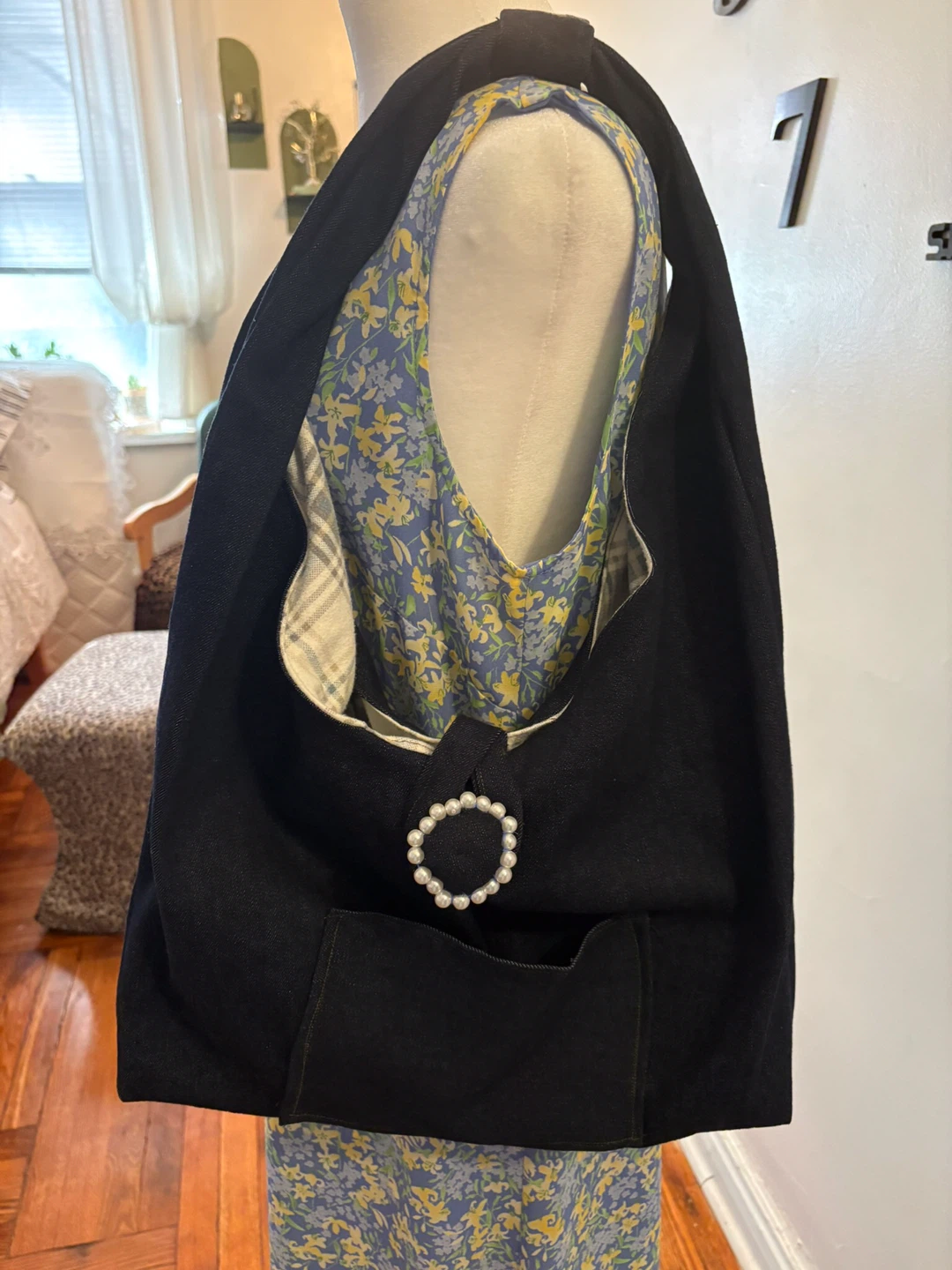 Handmade Black Shoulder Bag with Pearl Detail