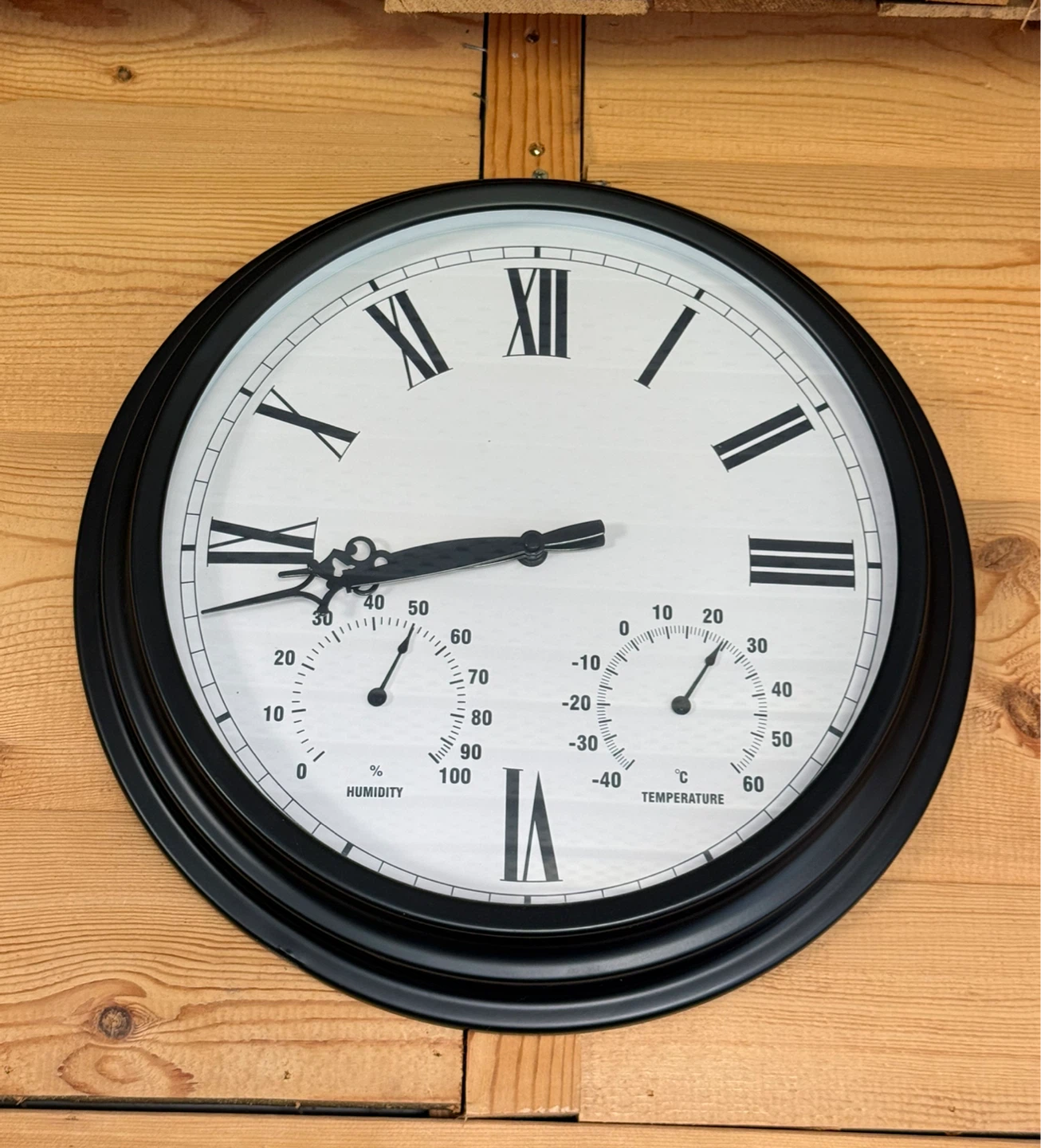 Large Indoor/Outdoor Wall Clock with Thermometer & Hygrometer