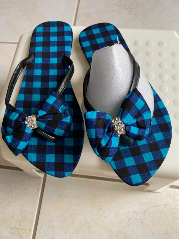 Blue and Black Buffalo Plaid Flip Flops with Bow