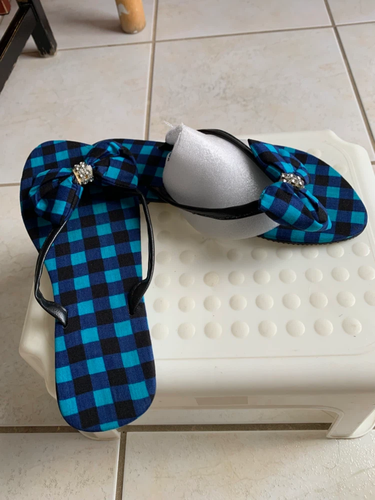 Blue and Black Buffalo Plaid Flip Flops with Bow - photo 2